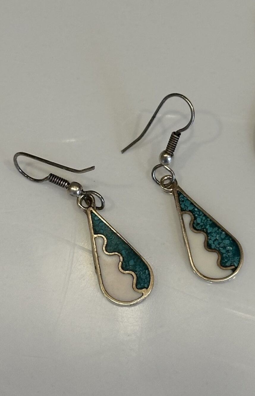 Vintage Alpaca Mexico Earrings Turquoise Chip White Enamel Inlay~ Dangle~Western
